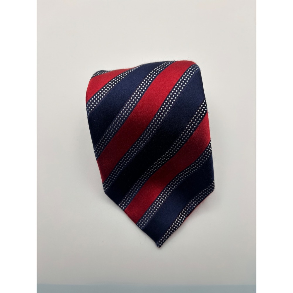 Tasso Elba Mens Silk Necktie Navy Blue Red Striped Hand Made Tie